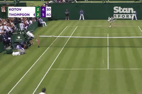 Australian Jordan Thompson serves and wins his first round match at Wimbledon 2024 against Russian Pavel Kotov.