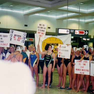 Australians protest at the exclusion of women's water polo from the Olympics in 1997.