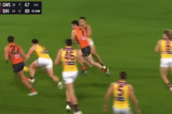 Tackle watch: Callan Ward was penalised for bringing down Brisbane’s Lachie Neale.