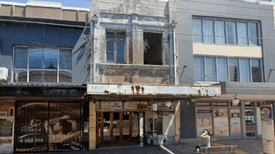 The Olympia Milk Bar in Stanmore, as pictured in a concept image by SRH Architecture, and in Google images in 2018 and 2023.