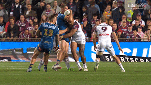 Daly Cherry-Evans and Haumole Olakau’atu have been hit with two-match bans for this tackle on Shaun Lane