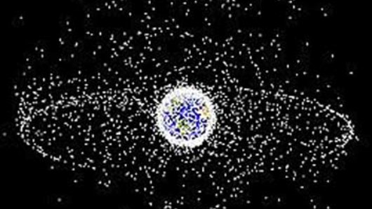 A representation of space junk orbiting around Earth.