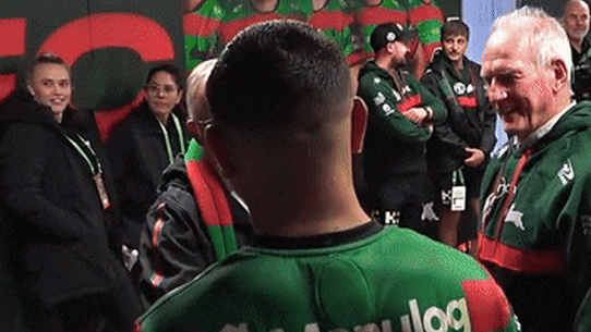 Anthony Albanese high fives Latrell Mitchell in the South Sydney sheds.