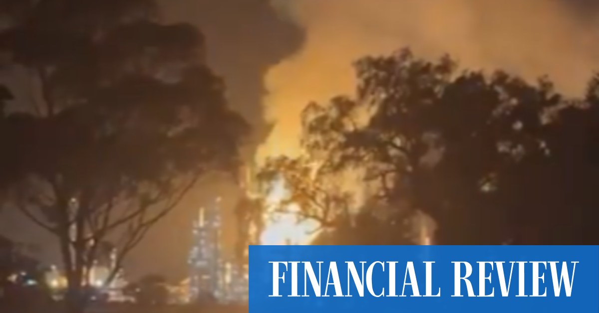Police say fire broke out overnight at Viva’s Geelong plant, which can process 120,000 barrels a day, and has been blazing out of control for hours.