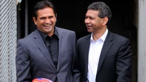 Nicky Winmar and Gilbert McAdam at Victoria Park in 2017.