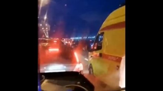 A scene from the Kerch bridge, where an emergency is taking place.