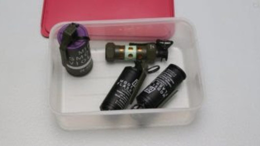 Replica grenades that were left at Nerang Police Station by a man earlier on Wednesday.