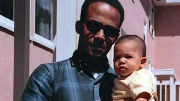 Donald J Harris holding his daughter Kamala in April 1965.