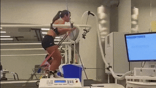 Australian biathlete Darcie Morton hooked up to a VO2 machine for oxygen testing.