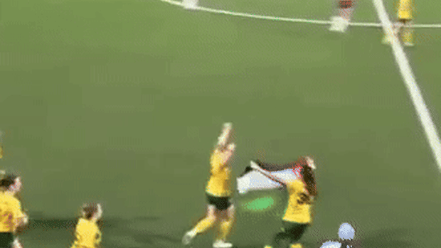 Mt. Druitt Town Rangers forward Roukayah Al Fararjeh’s celebration against APIA Leichhardt in the NSW NPL women’s competition.