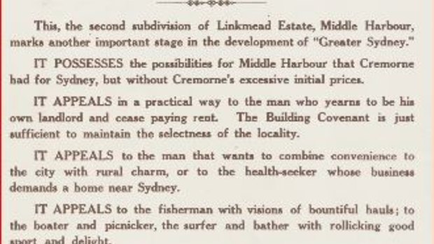 Linkmead Point was a subdivision on Middle Harbour in 1913 promoted as appealing in a "practical way to the man who yearns to be his own landlord and cease paying rent". 