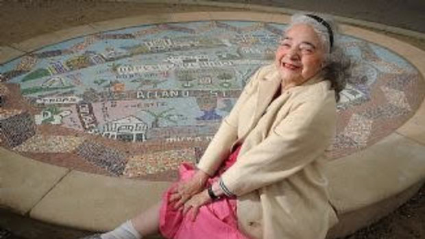 Artist Mirka Mora seated at her mosaic chair at St Kilda Pier circa 2010. Now a statue is planned in her honour.