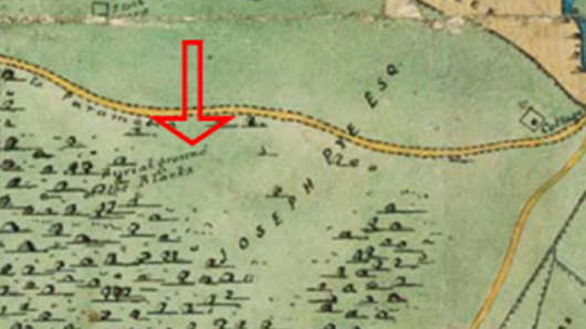 The map's 'Burial ground of the Blacks" reference on land held by Joseph Pye Esq.