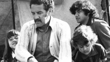 Family bonds: Charles Perkins with his children, Rachel and Adam, at the Aboriginal tent embassy in Canberra in 1974.