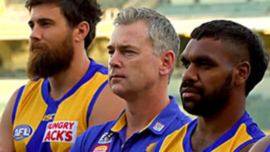 Liam Ryan (right) with coach Adam Simpson and Josh Kennedy in the video.