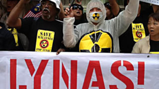 Malaysians gather outside Lynas Corporations AGM to oppose the company's rare earth processing plant in Kuantan.