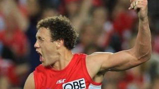 Flashback: Shane Mumford celebrates booting a goal for the Swans.