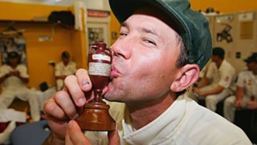 Ricky Ponting kisses a replica Ashes Urn in the changing rooms after day five of the third Test against England in 2006.