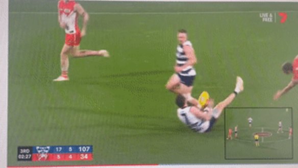 Geelong’s Mitch Duncan clashed with Sydney’s Robbie Fox in Saturday night’s match.