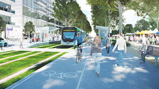 An artist's impression of a tram at Fishermans Bend.