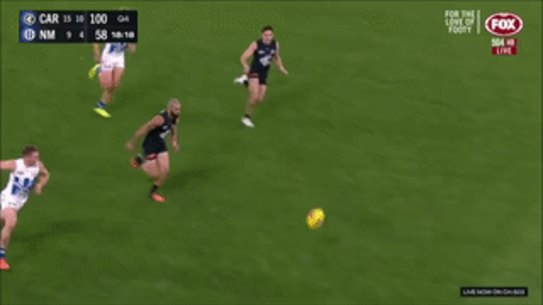 Carlton’s Lewis Young’s big hit on Kangaroo Cameron Zuhaar.