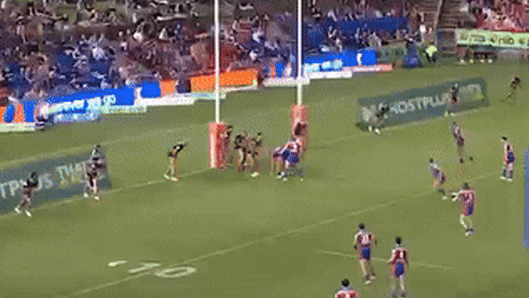 Kalyn Ponga skips past the defence and sets up a try.