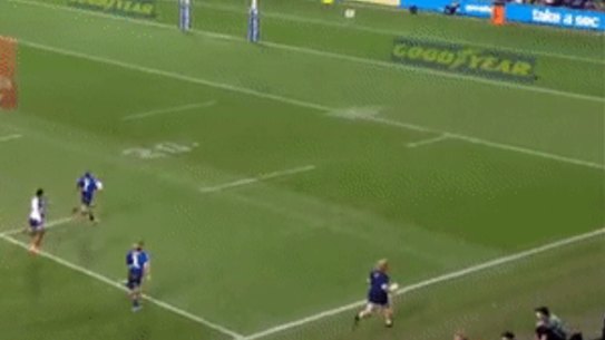 Melbourne Storm ballboy Robbie Cliff keeps pace with Jahrome Hughes.