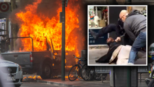 The ute bursting into flames on Bourke Street. (Inset: police tackle Shire Ali.)