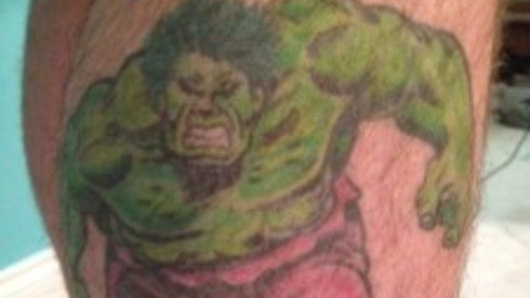 Jonathan Dick's Incredible Hulk tattoo.