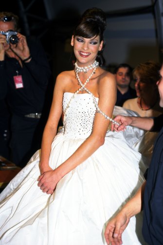 Linda Evangelista models Alex Perry Spring/Summer 1997 at Australian Fashion Week.