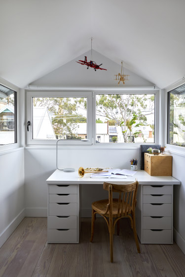 Finn’s bedroom is on the top floor and has a pitched roof with windows on three walls. “It’s a bit like being on the bridge of a ship,” says Ruth.