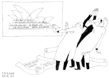 L'indignation à l'idée d'un parking à l'Opéra de Sydney vu à travers les yeux de l'illustrateur George Molnar en 1966.