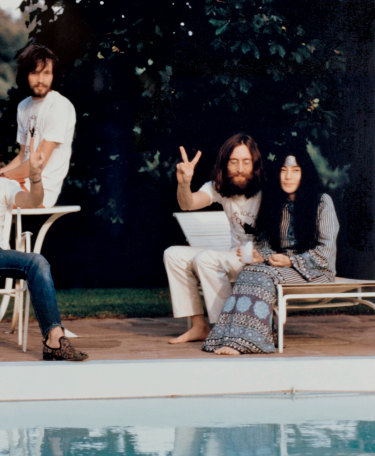 Klaus Voorman and John and Yoko poolside, the morning after the Toronto concert; September 14, 1969.