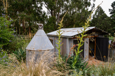 The garden shed, built by John from recycled materials, and an inverted chaff cutter