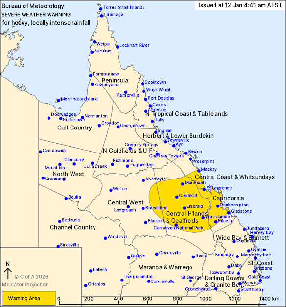 The Bureau of Meteorology urged inland regions between Mackay and Gladstone to brace for flash flooding brought on by ex-tropical cyclone Koji.