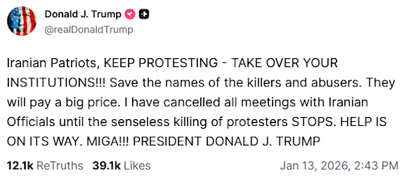 A post by US President Donald Trump on Truth Social about Iran.