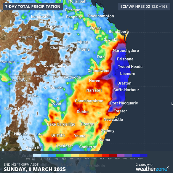 Durante siete días, cuando el 9 de marzo se acaba el domingo, la lluvia pronosticada.