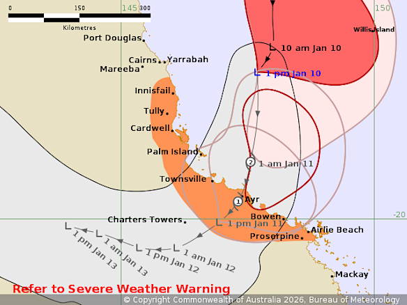 The tropical cyclone is most likely to make landfall between Townsville and Ayr.
