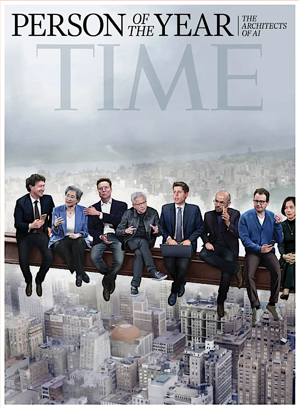 One of the cover images resembling the “Lunch Atop a Skyscraper” photograph from the 1930s shows eight tech leaders sitting on the beam.