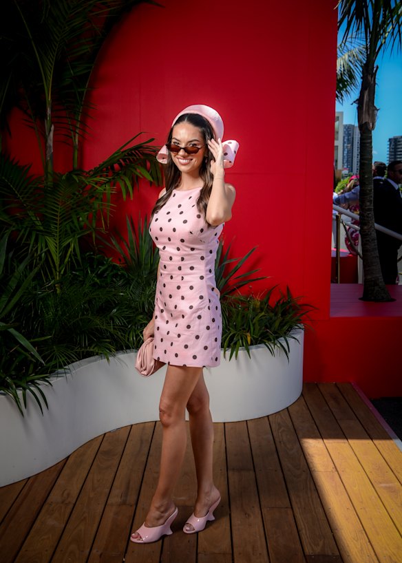 Demi Brereton in Forever New outside the Mumm marquee on Oaks Day.