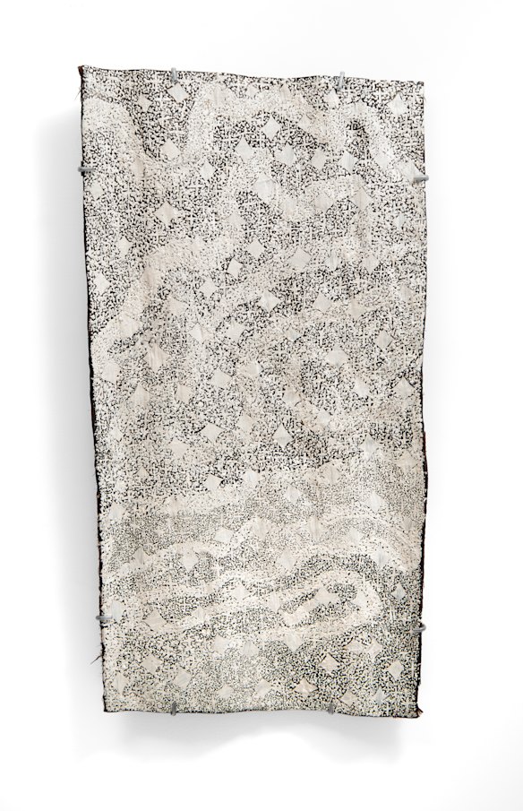 Milŋiyawuy River of Stars, bark painting by Naminapu Maymuru-White, 2025