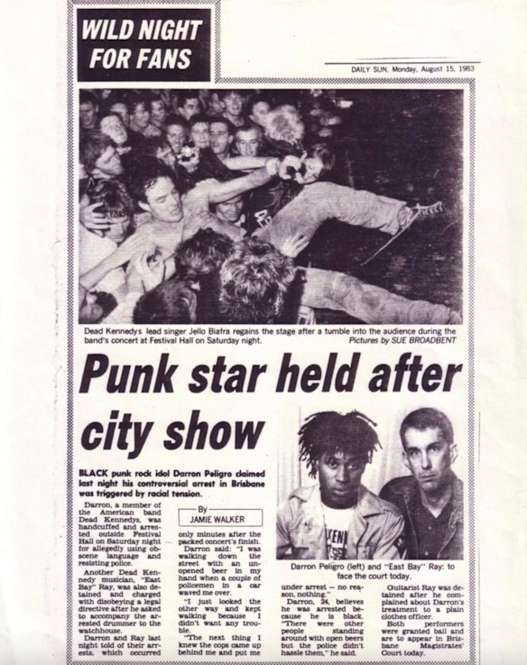 <i>Daily Sun</i> article recounting the arrest of Dead Kennedys bandmates D.H. Peligro and East Bay Ray.
