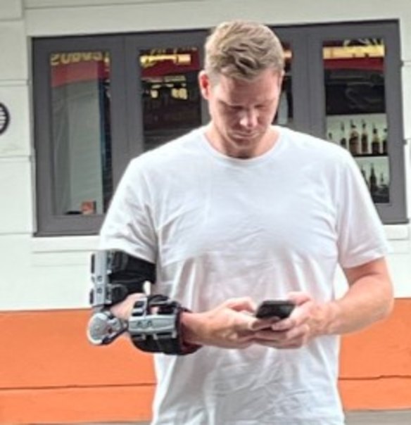 Steve Smith in an elbow brace on Sunday.