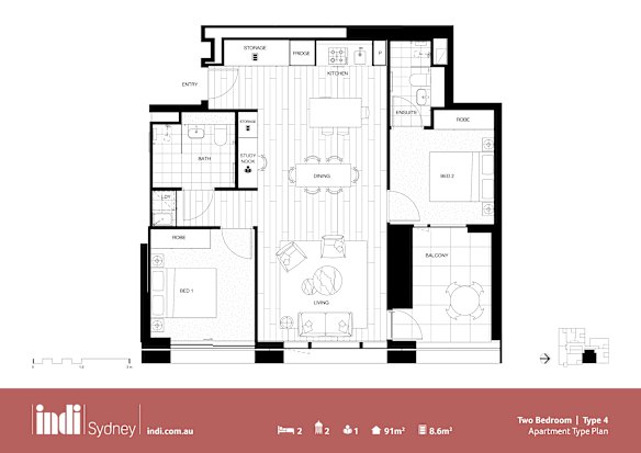 A floorplan of a two-bedroom unit in Indi Sydney. 