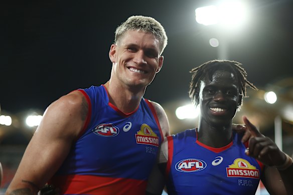Happy days: Rory Lobb and Buku Khamis are all smiles, but it remains to be seen if Lobb will remain at the Whitten Oval, heading into the trade period.