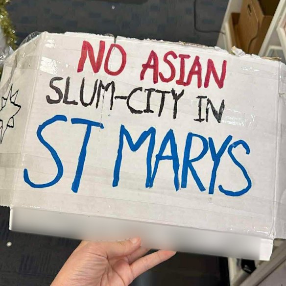 The placard found in front of Nou’s St Marys pharmacy on November 19.