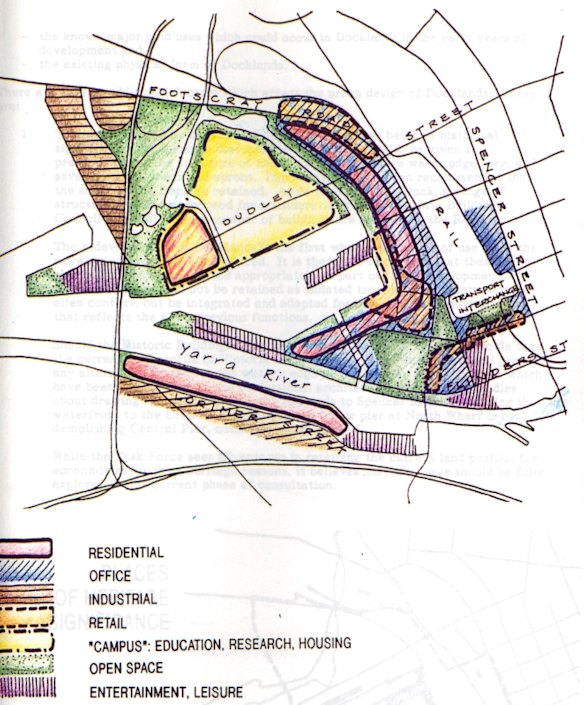 A map of an early-1990s proposal for Docklands – including a university and casino.