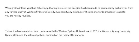 The scam email from Western Sydney University informed students that their degrees had been revoked.