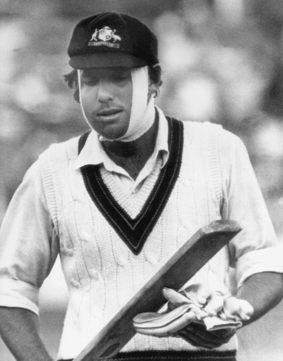 Australian batsman Rick McCosker playing with a broken jaw during the 1977 Centenary Test at the MCG.
