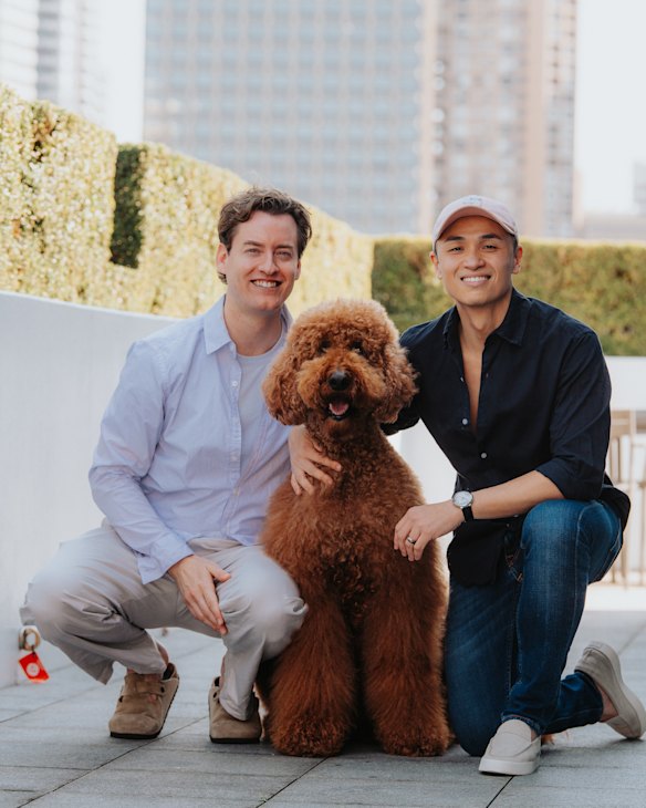 Rob Martell (left) and Jayson Eng (right), pictured here with their nine-year-old Groodle, Owen, met almost 13 years ago. They married in 2018.